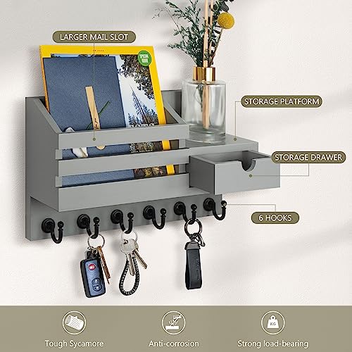 FifthQuarter Key and Mail Holder for Wall, Mail Organizer Wall Mount with 6 Hooks and Storage Drawer, Easy Installation Key Rack for Entryway and Home Decor (A-Grey) - color: A-Grey