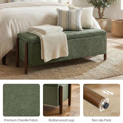 Usaint Wooden Storage Ottoman Bench, 47" Fabric Upholstered End of Storage Bench with Rubberwood Legs, Entryway Bench with Storage for Bedroom, Living Room, Reception, Cloakroom, Green - color: Green