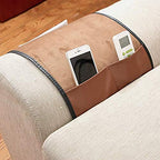 IPENNY No-slip Leather Sofa Couch Remote Control Holder Chair Armrest Caddy Pocket Organizer Storage Bag for Cellphone Tablet Notepad Book Magazines DVD Eyewears Drinker Snacks Holder Pouch - color: Coffee (Leather + Suede fabric)
