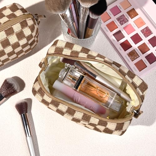 SOIDRAM 2 Pack Checkered Makeup Bag for Women, Cute Makeup Pouch Small Makeup Bag Travel Cosmetic Organizer for Toiletries, Brushes & Skincare - color: Brown, size: 2 Pack