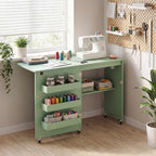 Giantex Folding Sewing Table with Charging Station, Rolling Craft Table with Storage Trays & Shelf, Foldable Sewing Machine Cabinet Desk with Lockable Wheels for Small Spaces (Sage) - color: Sage