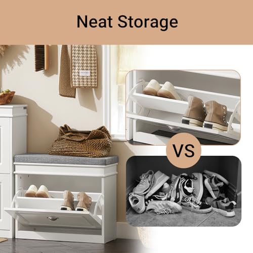 Haotian Shoe Storage Bench, Small Shoe Cabinet for Entryway, Narrow Shoe Rack with 1 Flip-Drawer and Seat Cushion, White, FSR82-K-W - color: White, size: 1 Drawer:24x9.4x20"