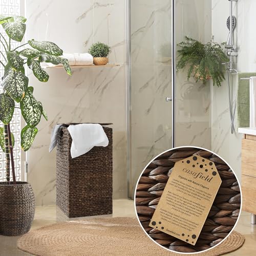 Casafield Laundry Hamper with Lid and Removable Liner Bag - Espresso Dark Brown, Woven Water Hyacinth Square Laundry Basket Sorter for Clothes, Towels - color: Espresso
