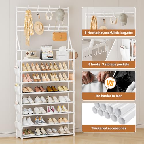 OYREL Shoe Rack 8 Tier Large Shoe Organizer Storage 32-40 Pairs Metal Shoe Storage Rack with Hooks and Side Pocket for Entrance Entryway Closet Shoe Shelf Holder - color: White, size: 8 Tier