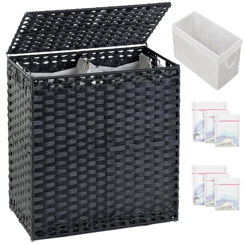 SETVSON Laundry Hamper with Lid Wicker Laundry Basket 112 L (29.6 Gal) Laundry Hampers Handwoven Rattan Clothes Hamper with Handles 3 Removable Liner Bag, 6 Mesh Bags for Bathroom Bedroom Black - color: Black, size: 29.6 Gal