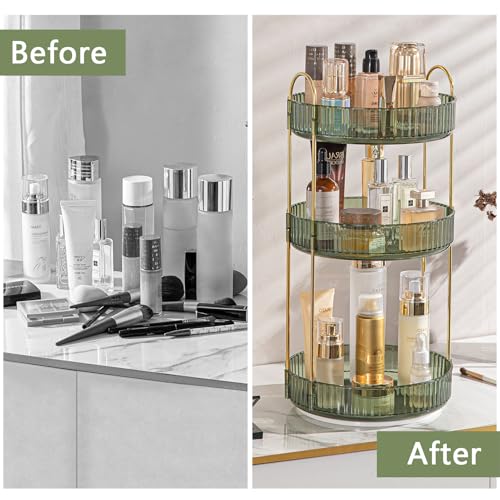 shuang qing Rotating Makeup Organizer for Vanity, High-Capacity Skincare Clear Make Up Storage Perfume Organizers Cosmetic Dresser Organizer Countertop 360 Spinning (Green, 3 Tier) - color: Green, size: Regular-3 Tier