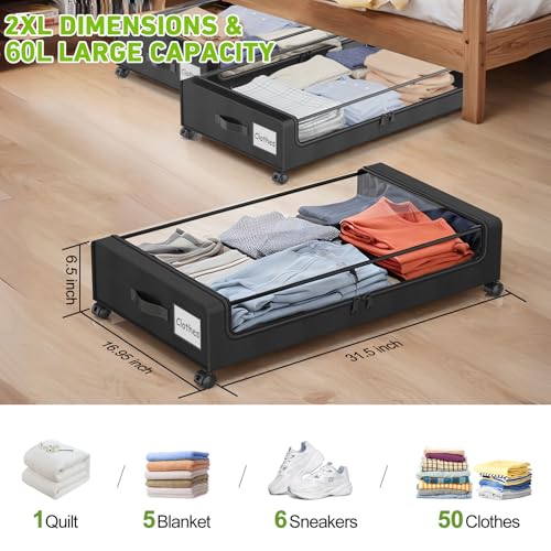 Beborxue Under Bed Storage with Wheels, 4-Pack UnderBed Storage Containers with Clear Lids, XXL 60L Under the Bed Storage Organizer Bins, Rolling Under Bed Metal Drawer for Clothes,Shoes,Toys (Black) - color: 4 Pack-Black