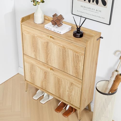 Bifins Shoe Storage Cabinet with 2 Flip Doors, 31.5" Narrow Fluted Design for Space Saving, Freestanding Entryway Shoe Organizer for Hallway & Living Room (Natural Oak 2 Drawer) - color: Natural Oak 2 Drawer