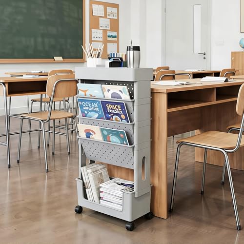 5-Tier Mobile Bookshelf, Rolling Bookcase Book Storage Rack, Movable File Folder Organizer Cart with Wheels for Home Study Office Living Room Classroom, Gray - color: Grey, size: 5-Tier