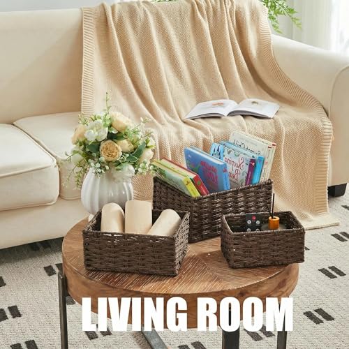 Small Wicker Basket for Organizing, Woven Storage Basket Set of 3 - Handwoven Natural Paper Rope Baskets to Declutter Any Room, Perfect for Organizing and Home Decor (Coffee) - color: Coffee