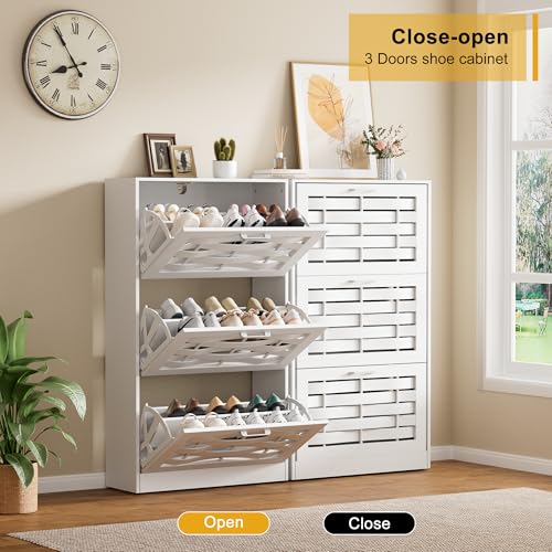 White Shoe Cabinet Storage with 3 Flip Drawers for Entryway, Slim Shoe Rack Cabinet with Woven Design Drawers, Narrow Shoe Organizer for Hallway, Apartment - color: White, size: 3 Drawers