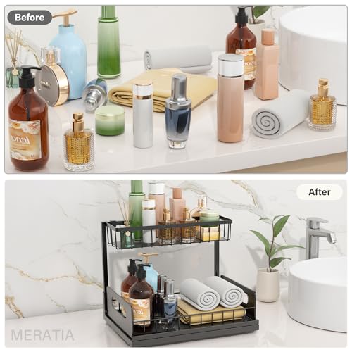 Under Sink Organizer 2 Tier, Pull Out Drawer Slides Under Sink Storage for Bathroom Kitchen,Multi-Purpose Drawer Under Cabinet Organizer for Cleaning Supplies (Black, 1 Pack) - color: Black, size: 1 Pack