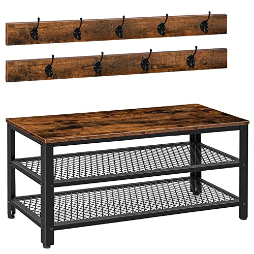 HOOBRO Hall Tree Entryway Storage Bench, Coat Rack Shoe Bench, Shoe Rack Organizer with Coat Hooks, 3-in-1 Design, Wooden Furniture with Metal Frame, Rustic Brown and Black BF171MT01 - color: Rustic Brown, Black, size: 39.4"L x 11.8"W x 17.5"H