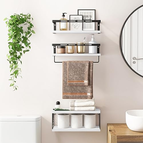 Fixwal Wall Mounted Bathroom Shelves Over Toilet, Rustic Wood Floating Shelves with Metal Frame and Towel Bar for Bathroom, Kitchen, Bedroom, Living Room (White) - color: 4-white