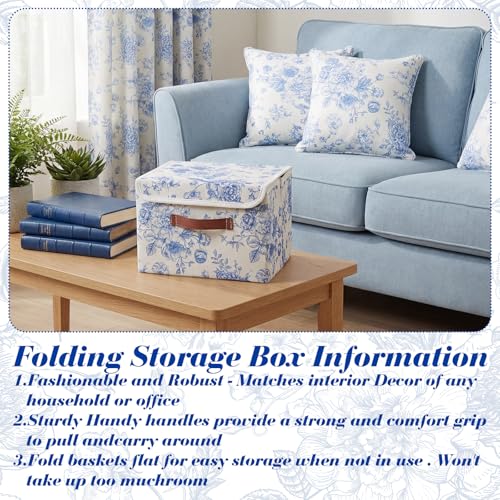 2 Pack Blue Floral Storage Bin with Lids Handles Large Blue and White Porcelain Storage Boxes 10x8x7 Inch Foldable Fabric Basket Decorative Cube Organizer for Clothes Nursery Home Dorm - size: 10x8x7 Inch