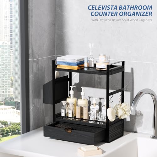 2-Tier Wood Bathroom Counter Organizer, Countertop Organizer with Drawer and Storage Basket, Bathroom Sink Organizer for Vanity, Skincare, Makeup, and Daily Essentials (Black) - color: Black