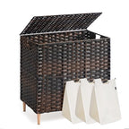 SONGMICS 3-Section Laundry Hamper with Lid, 42.2 Gal (160L) PE Rattan Laundry Basket with Removable Washable Liners, for Bedroom & Living Room, Chestnut Brown ULCB223ME01 - color: Chestnut Brown, size: 160 L (3 Basket)