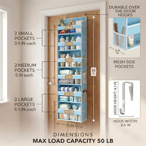 HOMELUX THEORY UPGRADED 6 Tiers Over The Door Organizer Hanging - 100D EXTRA THICK & 50lbs HUGE CAPACITY, 12 Side Mesh Pockets Over The Door Shoe Organizer, Hanging Closet Organizer (Baby Blue, 1pc) - color: 5. Baby Blue, size: Standard 1 set