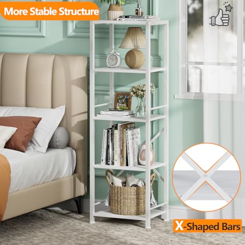 Furologee White Bookshelf 5 Tier Bookcase, Tall Narrow Bookshelves, Modern Freestanding Shelf Units, Metal and Wood Display Storage Corner Shelves Organizer for Bedroom, Living Room, Office, Bathroom - color: White, size: 5 Tier - 15.3"W