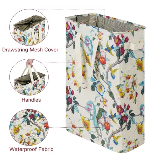 efluky Slim Laundry Basket, Narrow Laundry Hamper with Handles, Collapsible Dirty Clothes Hamper, Tall Laundry Bin for Laundry Room, Dorm and Bedroom, 48L (12.7 Gallon) Floral - color: Floral, size: 48L without Lid