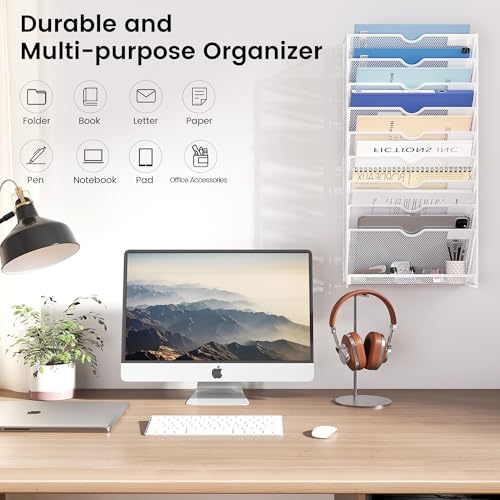 10-Tier Wall Mounted File Organizer, Metal Mesh Paper Holder (White) - color: White