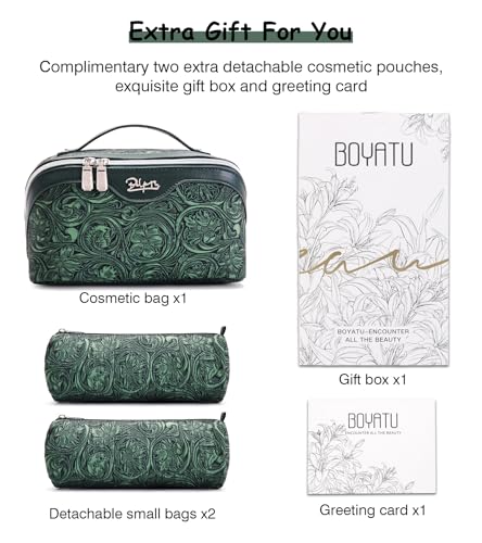 BOYATU Travel Makeup Bags Cosmetic Organizer Bag: 3 Pcs Set Large Capacity Floral Make up Bag with Compartments - Waterproof Leather Toiletry Bags with Handle for Women (18-Green) - color: 18-Green