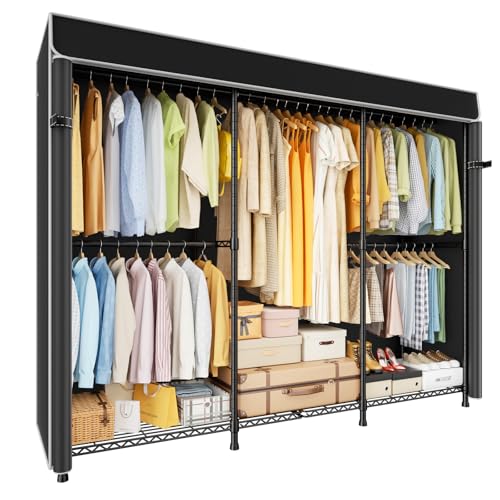 ULIFHOME E14C Pro Heavy Duty Closet Organizer System，Freestanding Clothing Racks for Hanging Clothes，Adjustable Garment Rack 70.1"W × 16.6"D × 76.4"H Hold 960 lbs，Black Rack with Black Dustproof Cover - color: Black Rack With Black Cover