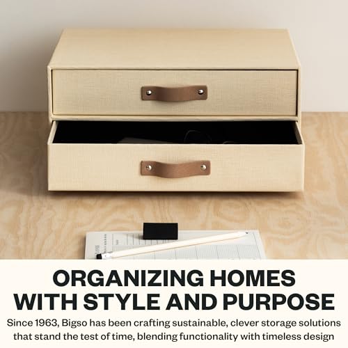 Bigso Birger 2 Drawers - Desktop Drawers for A4 and Letter Size Papers and Documents - Tabletop Drawers with Leather Handles - 13.1 in x 10 in x 5.7 in - Cream - color: Cream