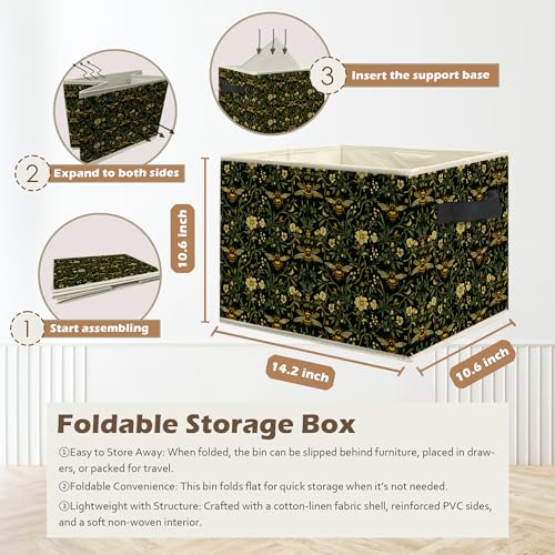 Moody Floral Bumblebee Storage Box Bins, Dark Cottagecore Honey Bee Botanical Collapsible Storage Basket Organizer for Bedroom Laundry Room Home Clothes Toys Books, Toybox for Girls - color: Floral Q