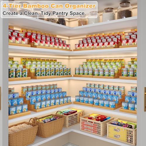 Expandable Bamboo Can Storage Rack, 4 Tier Adjustable Can Organizer for Pantry Holds Up to 32 Cans, Soda Can Dispenser, Canned Food Storage Display Shelf for Cabinet & Countertop (Patent Pending) - size: Standard