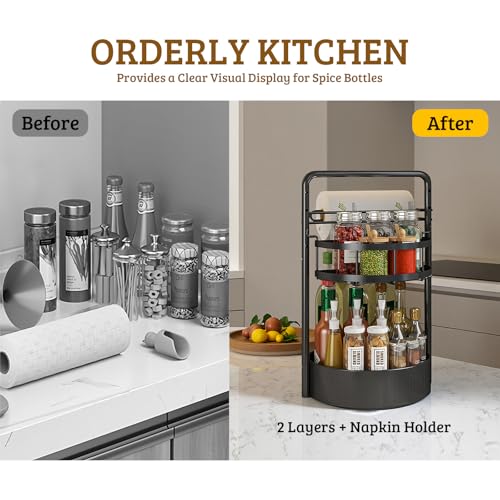 Rotating Spice Rack with Paper Towel Holder, 2 Tier Turntable Lazy Susan, Seasoning Organizer for Kitchen Countertop Cabinet, Black - color: Black