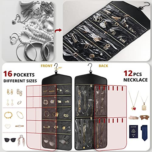 CHICECO Travel Jewelry Holder Organizer,Hanging Jewelry Organizer Storage With Zippered Pockets for Cloest,Wall,Door,Jewelry Holder for Earrings, Necklaces（Upgrade Black） - color: Upgrade Black