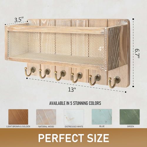 Rebee Vision Pine Wood Mail and Key Holder for Wall – Decorative Key Holder Wall Mount with Hooks & Basket for Entryway – Storage Organizer for Keys, Mail & Sunglasses (Natural) - color: Natural