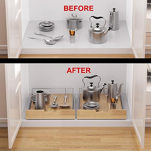 Sikarou Pull Out Cabinet Organizer,Heavy-Duty Slide Out Shelf, Wood And Wire Basket, Pull Out Drawer for for Kitchen Under Sink Space, Pantry, Bathroom (14 * 21 WM) - size: 1-TIE 14*21 WM