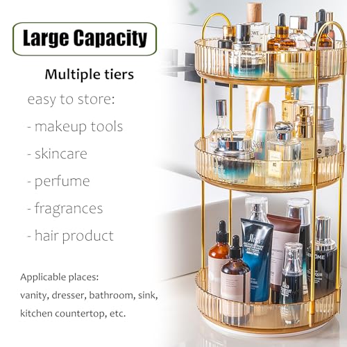 Rotating Makeup Organizer Countertop 3 Tier Lazy Susan Trays Clear Skincare Perfume Storage for Bathroom Counter Vanity, Amber Gold - color: Amber, size: 3 Tier