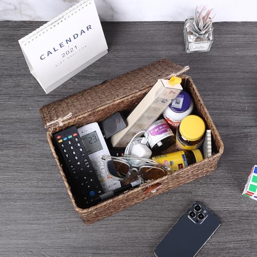 Sumnacon Wicker Basket with Lid Rectangle Woven Baskets for Toiletries Tampon Storage,Wicker Storage Basket with Lid,Decorative Seagrass Storage Baskets for Shelf Bathroom Toilet Table, Coffee - color: Coffee, size: Medium
