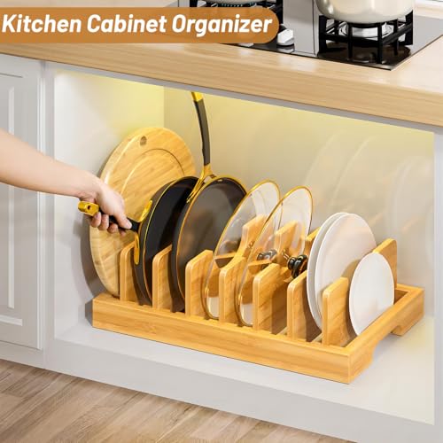 Kiasthome Bamboo Pot and Pan Organizer, Pot Lid Organizer Holder Rack for Countertop Drawer, Kitchen Cabinet Organizer with 7 Adjustable Dividers for Pots, Pans, Baking Sheets, Cutting Boards, Nature - color: Nature