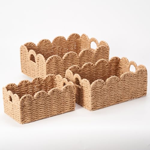 Scalloped Wicker Baskets, Set of 3 Hand-Woven Storage Baskets with Handles - Paper Rope Shelf Organizers & Decorative Baskets for Shelves, Closet, Bathroom (Tan） - color: Tan