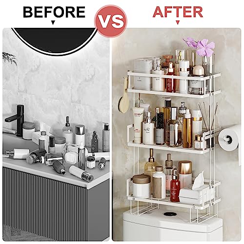 Godboat Bathroom Organizers and Storage, 3-Tier Over The Toilet Storage, Wall Shelf with Paper Holder and 2 Hooks, No Drilling Cool Decor and Home Decor, Gifts for Women, Mom, Mothers Day (White) - color: White, size: 3-Tier