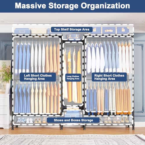 Ulif E12C Pro Heavy Duty Closet Organizer System，Freestanding Clothing Rack, Adjustable Garment Rack 71" W x 16" D x 76.5" H Holds 960 lbs, Black Rack with Black Dustproof Cover - color: Black Rack With Black Cover, size: E12C Pro