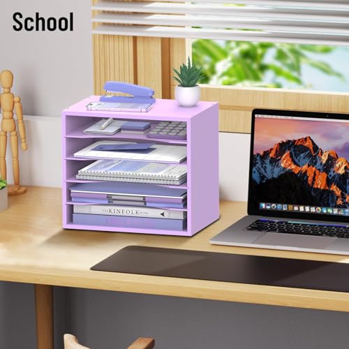5-Tier Wood Desk Organizer, Paper Tray Organizer for Desk with Adjustable Storage Shelves, Desktop File Organization Paper Sorter Mail Holder for Office Home Classroom, Purple - color: Purple, size: 5 Tier