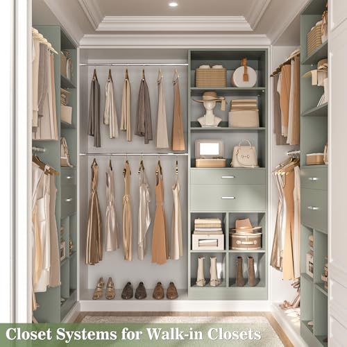 Besiost Closet System, 4-8 FT Closet Organizer Tower with 2 Wooden Drawers and Shelves, Can Fit 60 to 96 inch Walk-in Closet System with 5 Hang Rods, Built-in, Crab Green - color: Crab Green