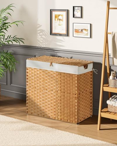 Greenstell Laundry Hamper with lid, No Install Needed, 130L Wicker Laundry Baskets Foldable 2 Removable Liner Bags, 2 Section Clothes Hamper Handwoven Rattan Laundry Basket with Handles, Natural - color: Natural, size: 130L (26.2x13.3x24.0 Inches)