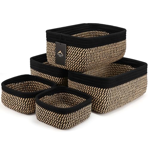 5-Pack Small Woven Rope Storage Baskets – 2 Sizes Organizer Bins for Closet, Shelf, Bookshelf, Nursery, Changing Table, Fabric Cube Boxes, Rectangular Shallow Bins for Bathroom, Toy & Home - color: Black & Gold