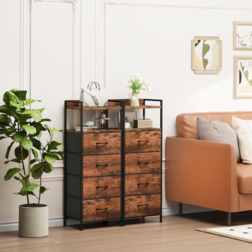 Somdot Nightstand with 4 Drawers, Vertical Storage Tower Fabric Dresser for Bedroom, Night Stand Bedside Table Furniture, Sturdy Steel Frame, Wooden Top & Easy Pull Fabric Bins, Wood Grain Print - color: Wood Grain Print, size: 11.4"D x 15.2"W x 36.3"H (4