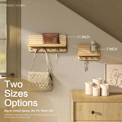 Rebee Vision Decorative Key Holder Wall Mount – Farmhouse 11-Inch Pine Wooden Key Holder for Wall with 6 Hooks & Floating Shelf - Chic and Functional Home Decor Solution (Natural Wood) - color: Natural Wood, size: Medium-11inch