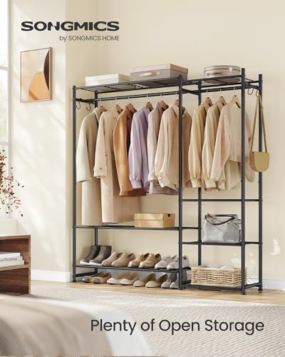 SONGMICS Portable Closet Wardrobe, Clothes Rack, Closet Organizers and Storage, Freestanding Clothing Rack with 7 Shelves, 2 Hanging Rods, Metal Frame Rack, for Bedroom, Entryway, Black ULGR010BZ03S - size: 49.1"L