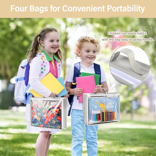 Woodoulogy Over Door Organizer and Storage, Hanging Toy Holder with 4 Clear Removable Pouches, Toddler Room Wall Stuffed Animal Bag Case, Kids Playroom Closet Organization for Building Block, Puzzle - color: Grey