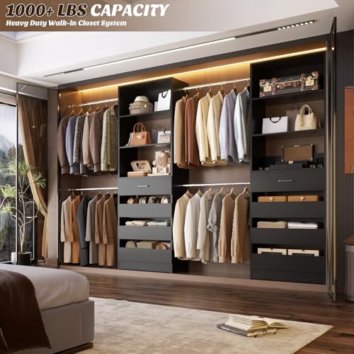 Aheaplus Closet System, 4-9Ft Closet Organizer with 4 Wooden Drawers, Wood Closet Organizer System with Tower, Walk-in Closet Organizer Wardrobe Clothes Rack with 4 Hanging Rods, Garment Rack, Black - color: Black