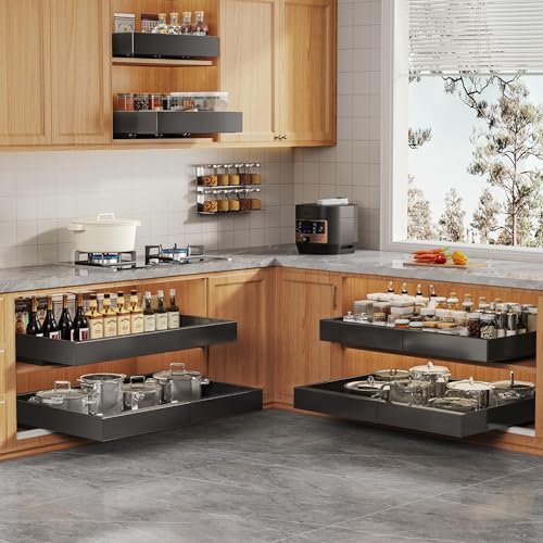 Seinloes 2 Pack Expandable Pull Out Cabinet Organizer 21"Deep With Raising Pad for Framed Cabinets,Upgrade 3 Slide Rails Slide Out Drawers,Roll Out Shelves Adhesive,Adjustable Width 15.15"-26.3" Black - color: Black, size: 21"D x 15.15"-26.3"W(2Pack)